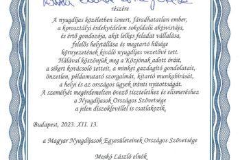 A NYOSZ Díszoklevelet adományozott Lenkei Elekné Borbély Etelkának 2023. december 13.